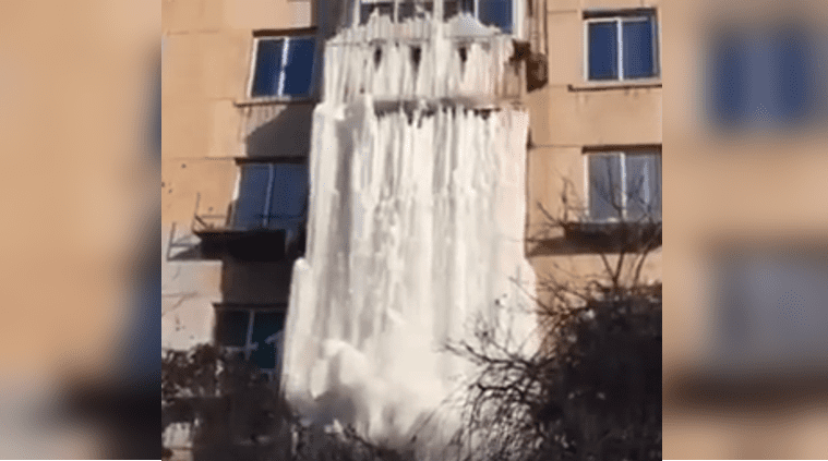 Video of a 10m-tall frozen waterfall (thanks to pipe leak) from abandoned building goes viral