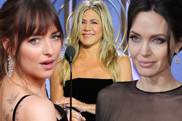 The moment Dakota Johnson watches Angelina Jolie's reaction to Jennifer Aniston handing out Golden Globe award is brilliant