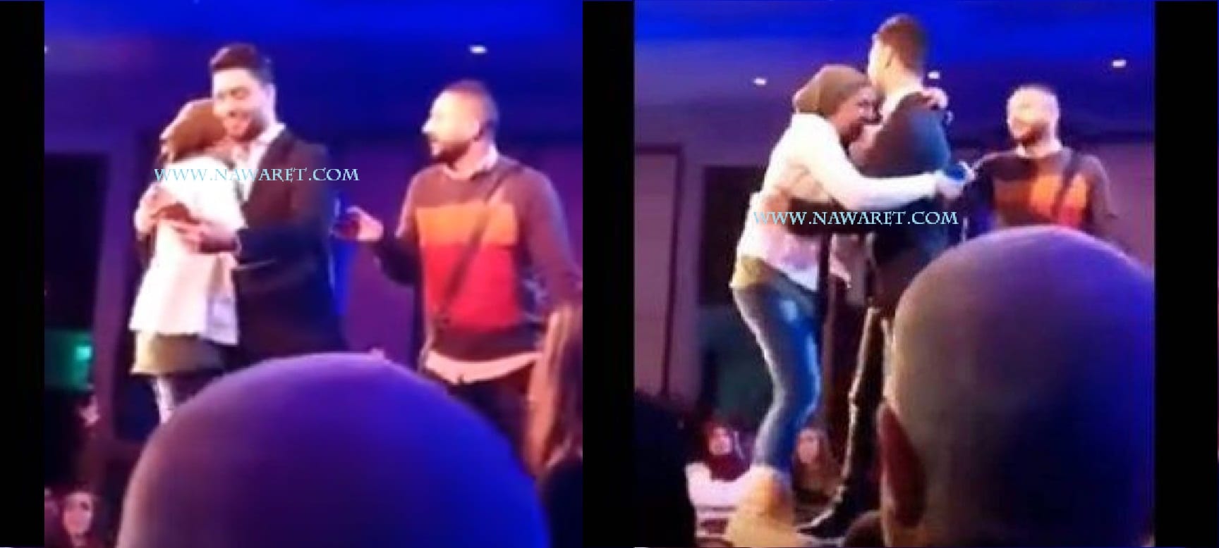 بالفيديو– معجبة محجبة تحرج نجم"أراب آيدول" وتخترق الأمن لتقبله وتحضنه على المسرح