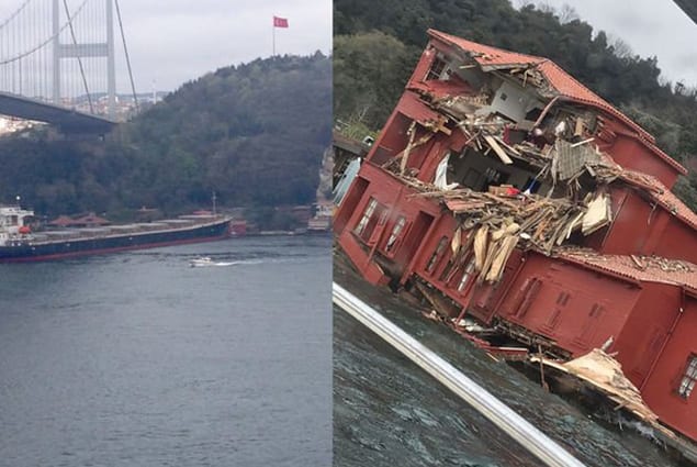 شاهد.. سفينة تصطدم بمبنى تاريخي في اسطنبول وتتسبب بأضرار جسيمة