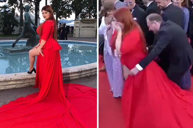 Plus-size model is left standing in her UNDERWEAR on Cannes red carpet after a passerby steps on her dress - but she's accused of 'faking it for fame'