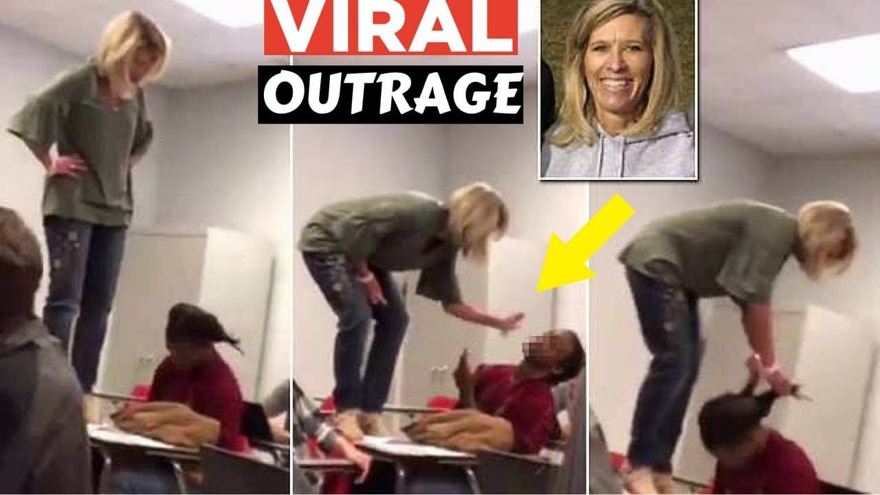Teacher stands on student's desk and pulls hair to wake him up