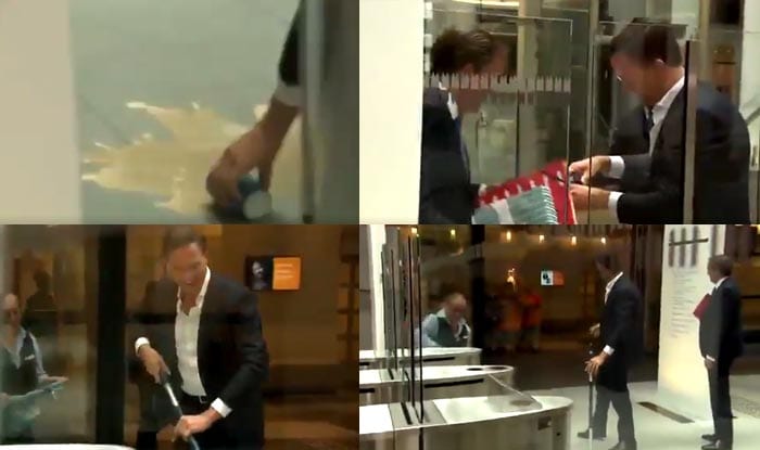 Dutch Prime Minister Mark Rutte dropped his coffee, then cleaned up the floor