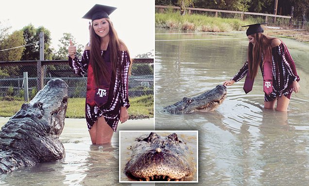 شاهدوا طالبة أمريكية تحتفل بتخرجها مع تمساح طوله 4 أمتار