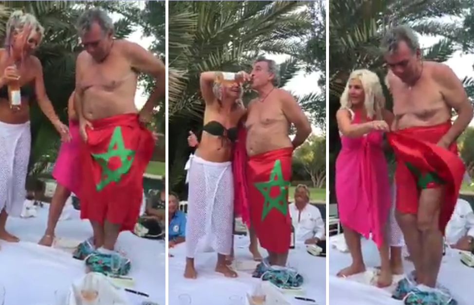 شاهد.. فرنسي شبه عاري بصحبة امرأتين يهينون العلم المغربي في جلسة خمرية بمراكش