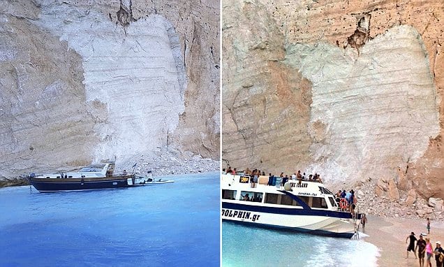 Shocking moment cliff collapses on Zante beach in Greece.