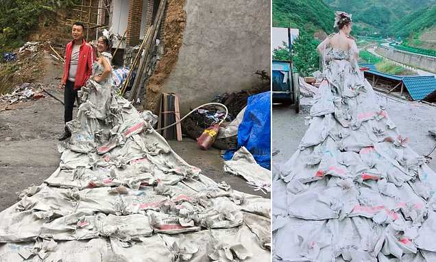 Chinese woman makes a wedding dress with 40 cement bags she found in her house