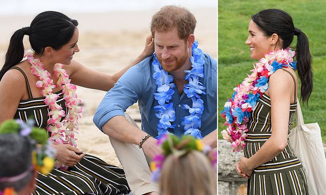 Meghan cradles her baby bump on Sydney beach and wears £880 maxi dress before she and Harry kick off their shoes to join an 'anti-bad vibes circle' with surfing mental health group