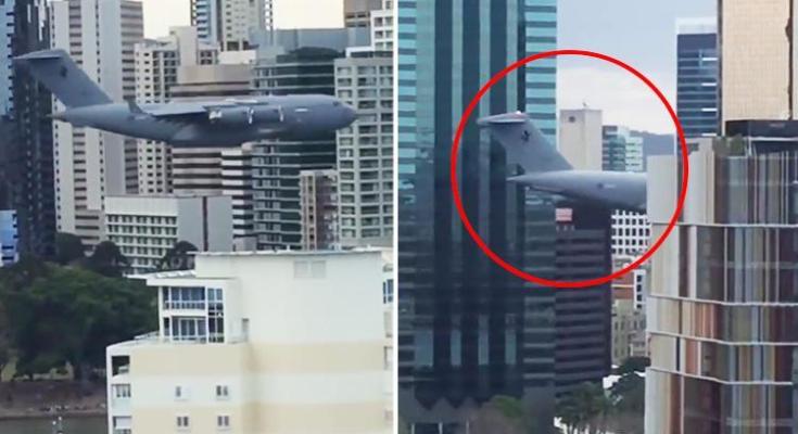 Terrifying moment C 17 plane flies towards buildings stunt is called ‘stupid and dangerous