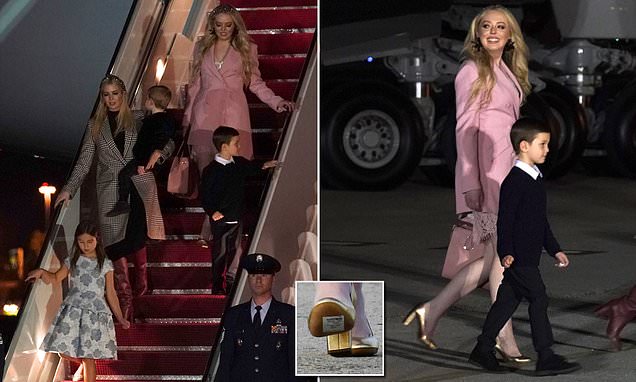 Ivanka Trump and her kids touch down in Mar-a-Lago for Thanksgiving alongside Tiffany, who goes bare-legged in a summery pink dress - but forgets to take the tag off her shoes