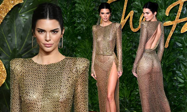 Kendall Jenner wears skimpy thong and no bra under daring sheer gold-beaded dress at star-studded event