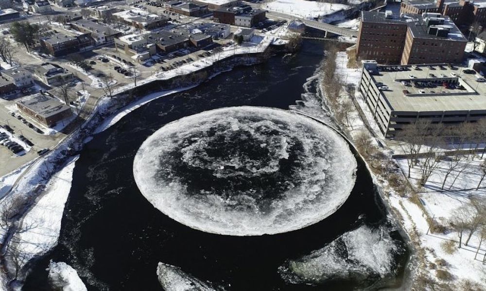 ‘Crop circle’ forms on icy Maine river