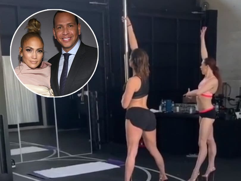 Jennifer Lopez practices pole dancing in front of Alex Rodriguez