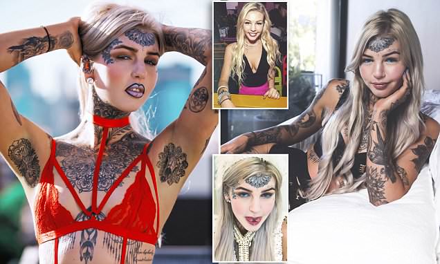 Woman, 23, with a split tongue and blue EYEBALLS shows off more than $10,000 worth of body art in lingerie - as she says the tattoos are therapy for depression