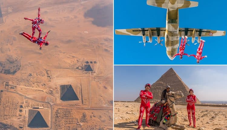Skydivers Soar Above Egyptian Pyramids