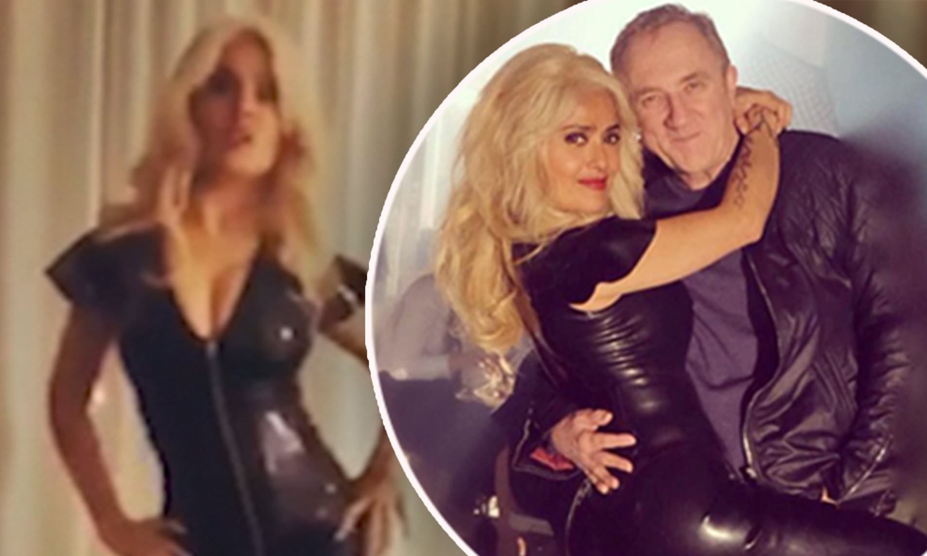 Salma Hayek, 52, is stunning in low-cut catsuit with blonde wig as she hugs husband of 10 years on The Hitman's Wife's Bodyguard set