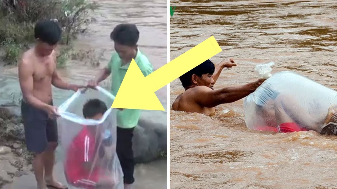 Schoolkids In Vietnam Village Ferried Across River In Plastic Bags To Get To School