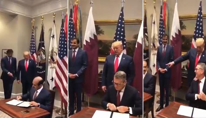 شاهدوا.. ترامب يسخر من ممثل قطر خلال توقيعه على اتفاقية: يعجبني هذا