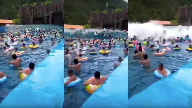 Viral video shows a massive wave crash down on dozens of tourists at a 'tsunami pool' in China