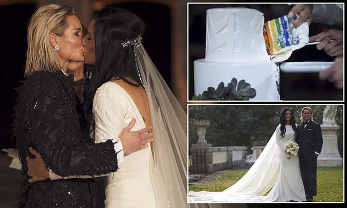 Having a ball! US soccer team stars Ashlyn Harris and Ali Krieger wow in tux and stunning white gown as they marry in 'Mediterranean castle' Miami ceremony