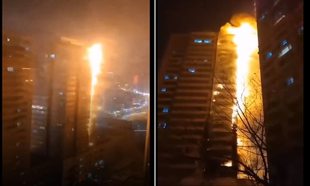 Huge fire broke out in a residential building in NE China's Shenyang.