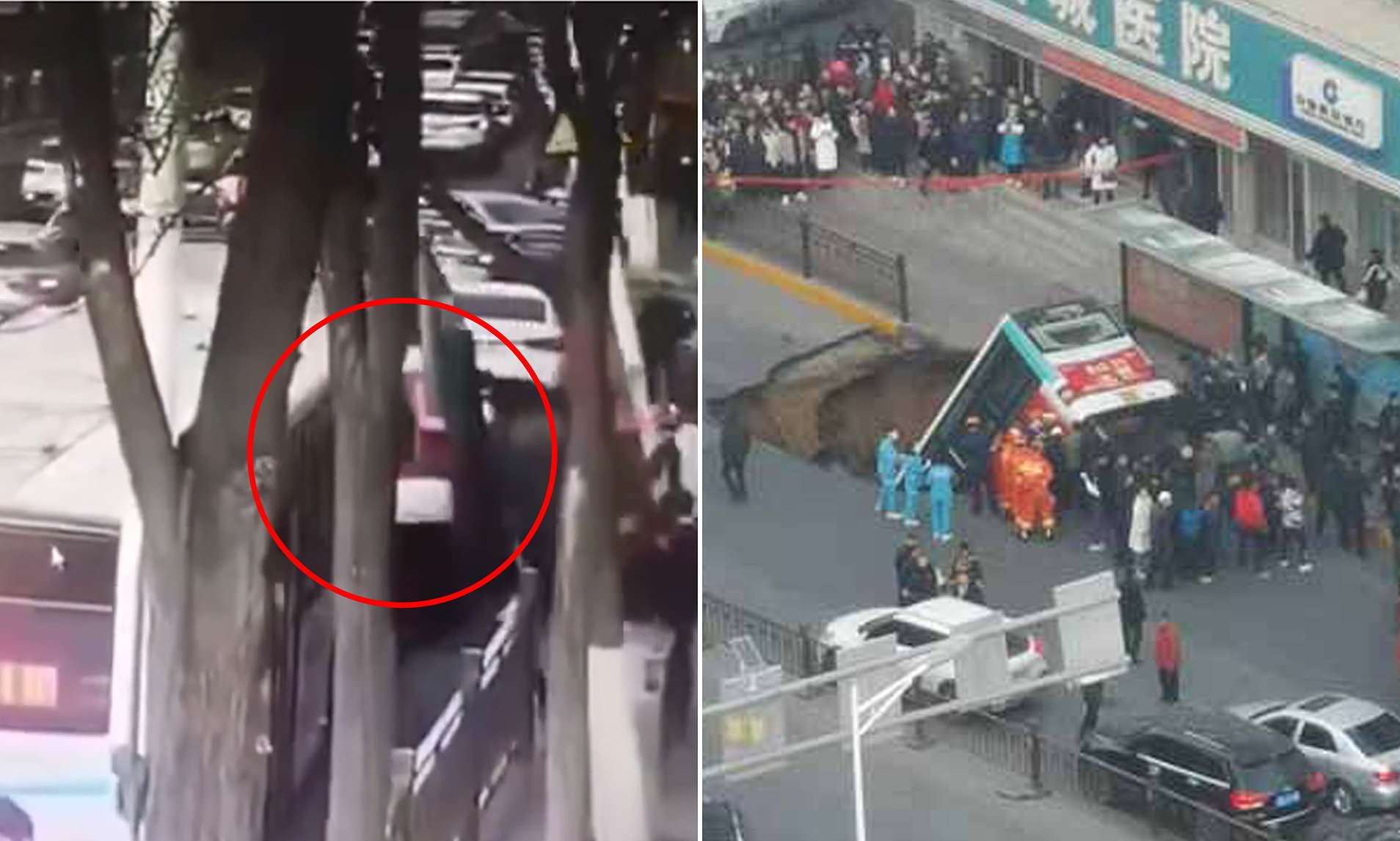 At least nine people are killed after a bus full of passengers was swallowed by a huge sinkhole in the rush hour in China