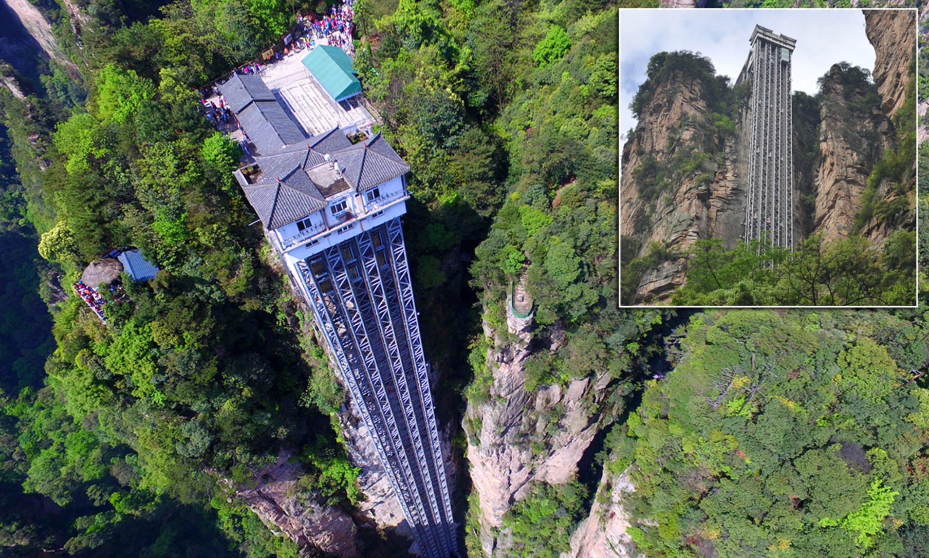 Striking aerial pictures show China's 1,070-foot-tall glass elevator built on the side of a cliff