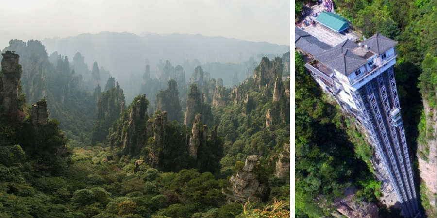 Striking aerial pictures show China's 1,070-foot-tall glass elevator built on the side of a cliff