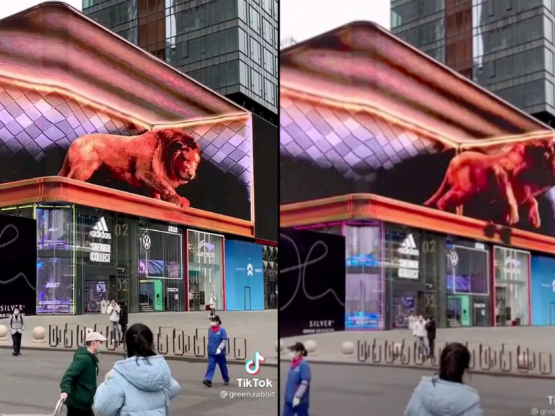 Shopping centre in China, 3D advertisement only 5G technology, lion advertisement, scary lion in cheng