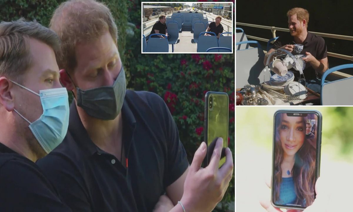 I had to get my family out of there': Harry 'Haz' Windsor blames 'toxic' press for driving him out of Britain as he RAPS for James Corden - and Meghan FaceTimes in to reveal her pet name for him