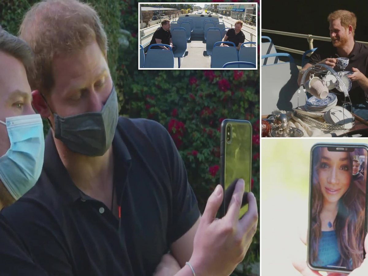 I had to get my family out of there': Harry 'Haz' Windsor blames 'toxic' press for driving him out of Britain as he RAPS for James Corden - and Meghan FaceTimes in to reveal her pet name for him